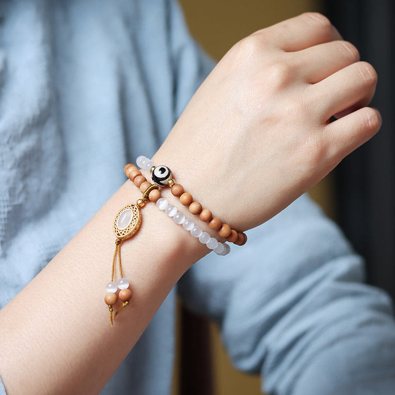 Buddha Stones, drzewo sandałowe, kocie oko, trójoczna bransoletka ochronna z koralików Dzi