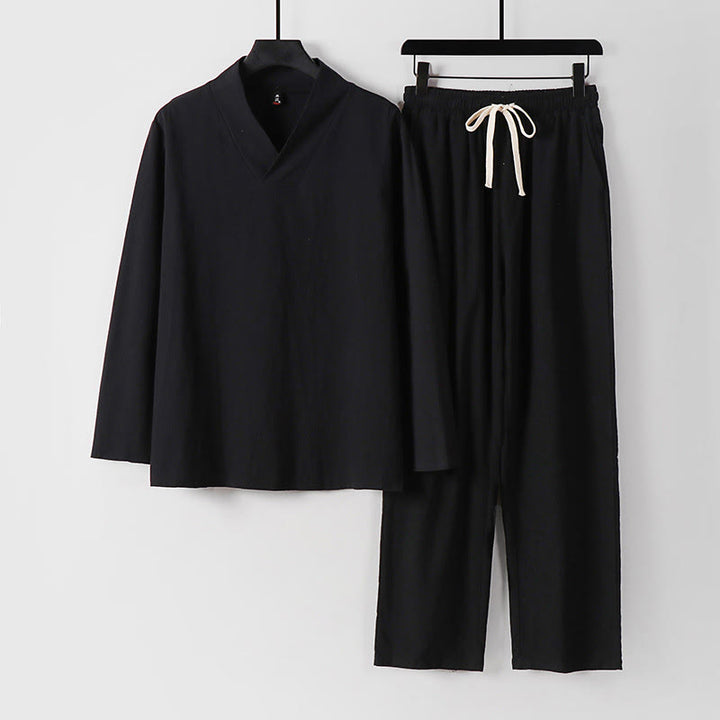 Buddha Stones Kołnierze Krzyżowe Bawełniany Strój Tang Hanfu Top Spodnie Odzież Męski Zestaw - Czarny - US/UK/AU54, EU64 (9XL) - image 3