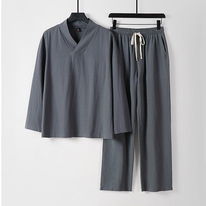 Buddha Stones Kołnierze Krzyżowe Bawełniany Strój Tang Hanfu Top Spodnie Odzież Męski Zestaw - Szary - US/UK/AU54, EU64 (9XL) - image 0