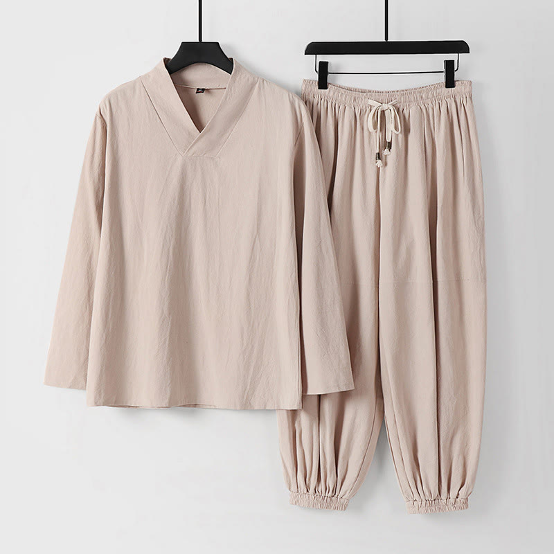 Buddha Stones Skrzyżowane Krótsze Bloomersy Bawełniany Garnitur Tang Hanfu Top Spodnie Odzież Męski Zestaw - For - US/UK/AU54, EU64 (9XL) - image 0