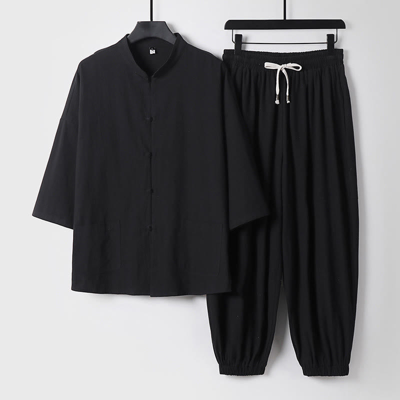 Buddha Stones Trzy Czwarte Krótkie Bloomersy Bawełniane Spodnie Top Odzież Męska Zestaw - Czarny - US/UK/AU50, EU60 (7XL) - image 4