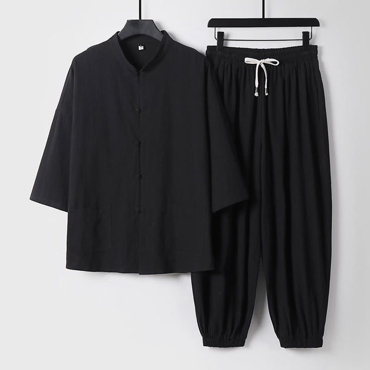 Buddha Stones Trzy Czwarte Krótkie Bloomersy Bawełniane Spodnie Top Odzież Męska Zestaw - Czarny - US/UK/AU50, EU60 (7XL) - image 4