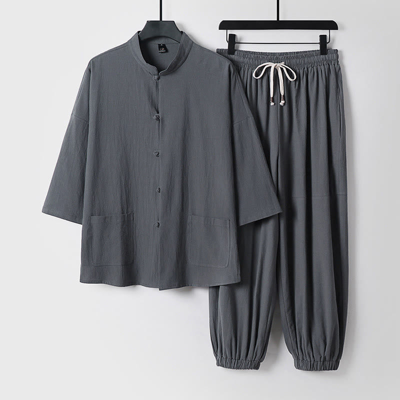 Buddha Stones Trzy Czwarte Krótkie Bloomersy Bawełniane Spodnie Top Odzież Męska Zestaw - Szary - US/UK/AU50, EU60 (7XL) - image 0