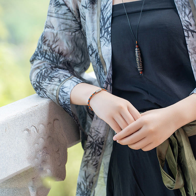 Buddha Stones Czerwony Sznur Czarny Sznur Sześć Prawdziwych Słów Bransoletka Szczęścia 925 Srebro Sterling