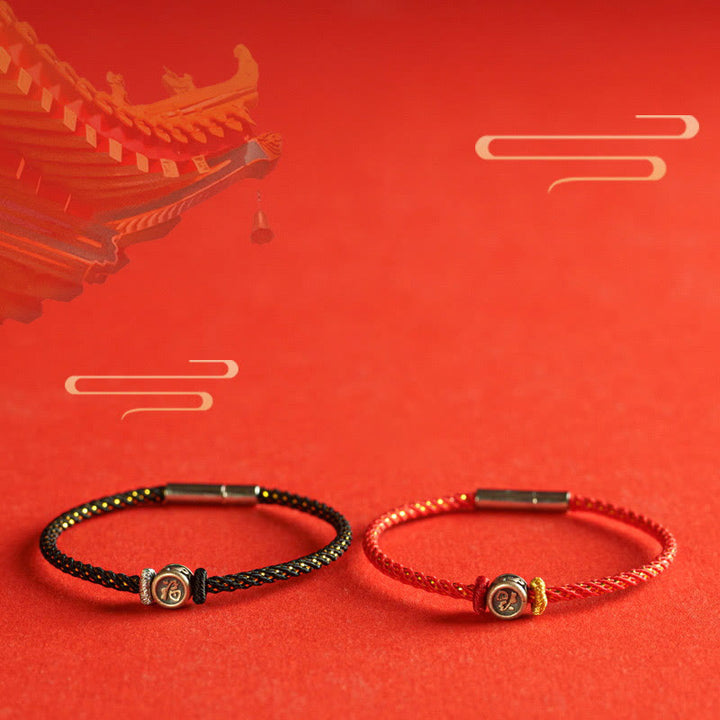 Bransoletka z Buddha Stones pleciona ze srebra próby 925 Fu Character Faith