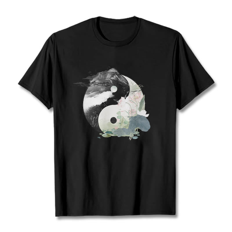 Buddha Stones Yin Yang Liść Lotosu Malowanie Tuszem Bawełniana Koszulka T-shirt - Czarny - 2XL - image 1
