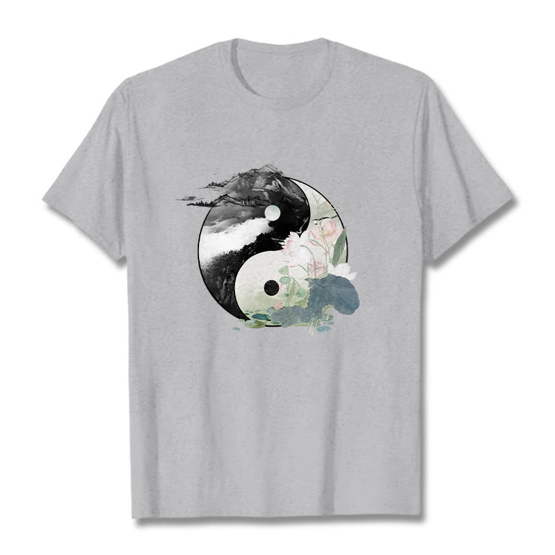 Buddha Stones Yin Yang Liść Lotosu Malowanie Tuszem Bawełniana Koszulka T-shirt - Jasnoszary - 2XL - image 11