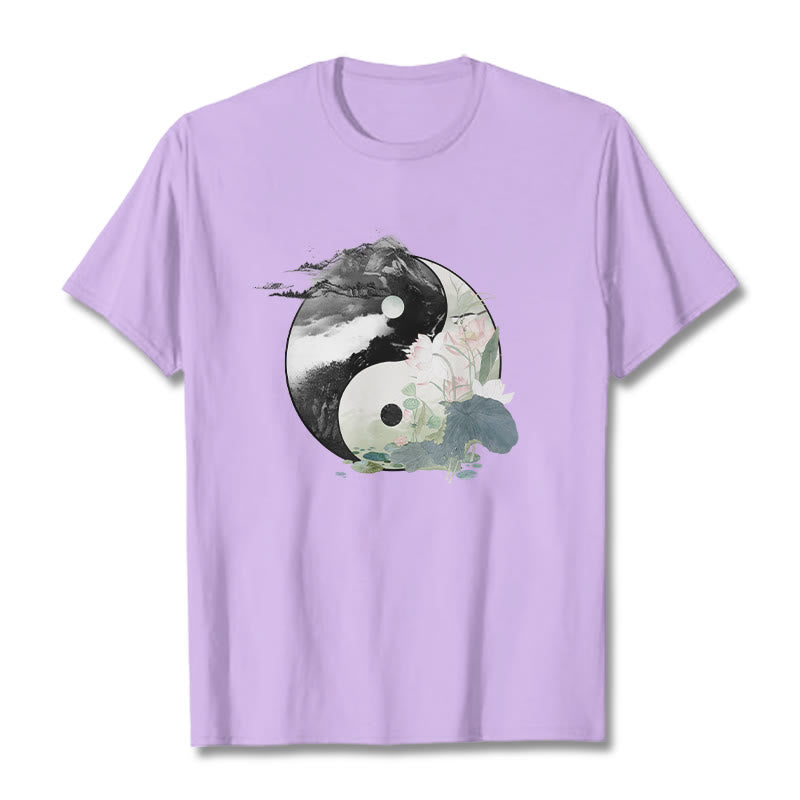 Buddha Stones Yin Yang Liść Lotosu Malowanie Tuszem Bawełniana Koszulka T-shirt - Śliwka - 2XL - image 19