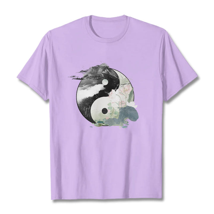 Buddha Stones Yin Yang Liść Lotosu Malowanie Tuszem Bawełniana Koszulka T-shirt - Śliwka - 2XL - image 19