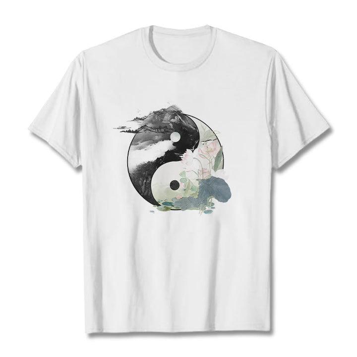 Buddha Stones Yin Yang Liść Lotosu Malowanie Tuszem Bawełniana Koszulka T-shirt - Biały - 2XL - image 8