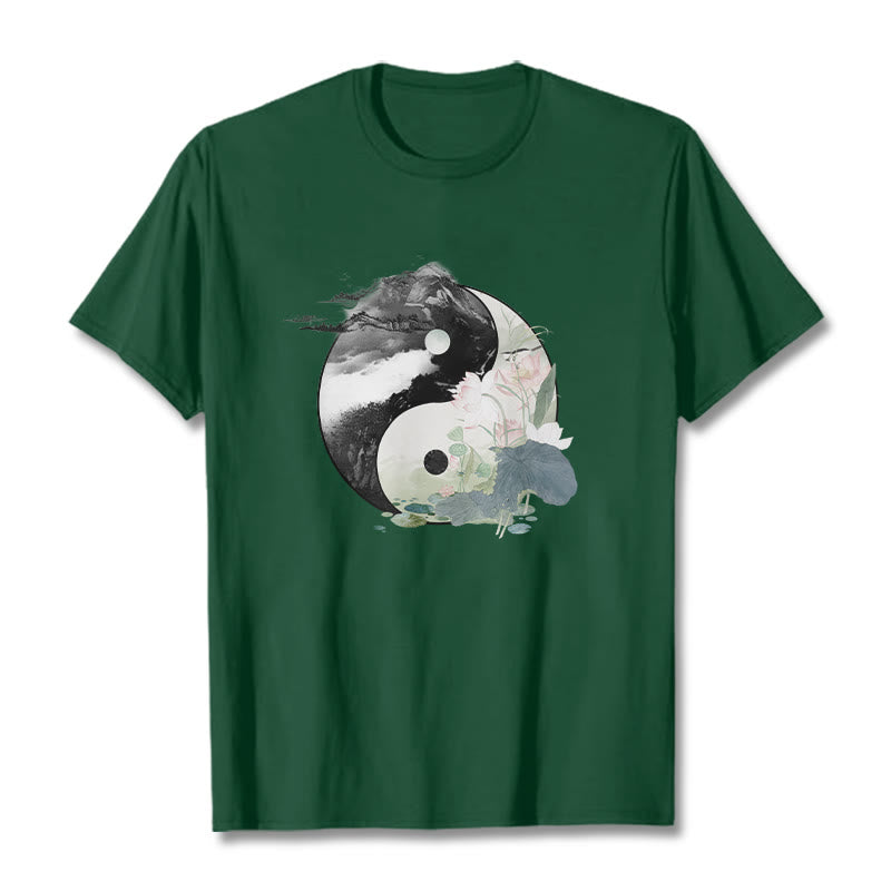 Buddha Stones Yin Yang Liść Lotosu Malowanie Tuszem Bawełniana Koszulka T-shirt - ForestGreen - 2XL - image 6