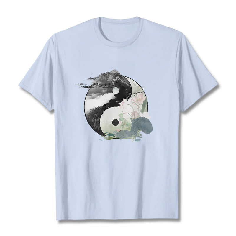 Buddha Stones Yin Yang Liść Lotosu Malowanie Tuszem Bawełniana Koszulka T-shirt - Jasnoniebieski - 2XL - image 12
