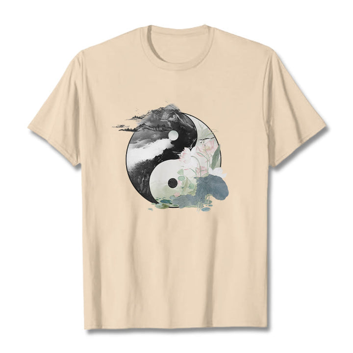Buddha Stones Yin Yang Liść Lotosu Malowanie Tuszem Bawełniana Koszulka T-shirt - For - 2XL - image 13