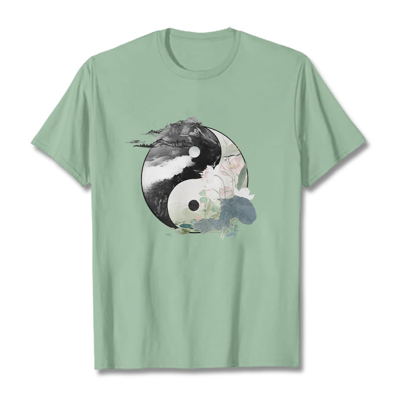Buddha Stones Yin Yang Liść Lotosu Malowanie Tuszem Bawełniana Koszulka T-shirt - PaleGreen - 2XL - image 15