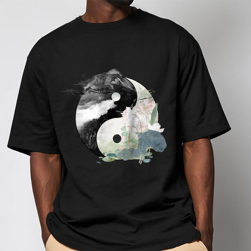 Buddha Stones Yin Yang Liść Lotosu Malowanie Tuszem Bawełniana Koszulka T-shirt - image 3