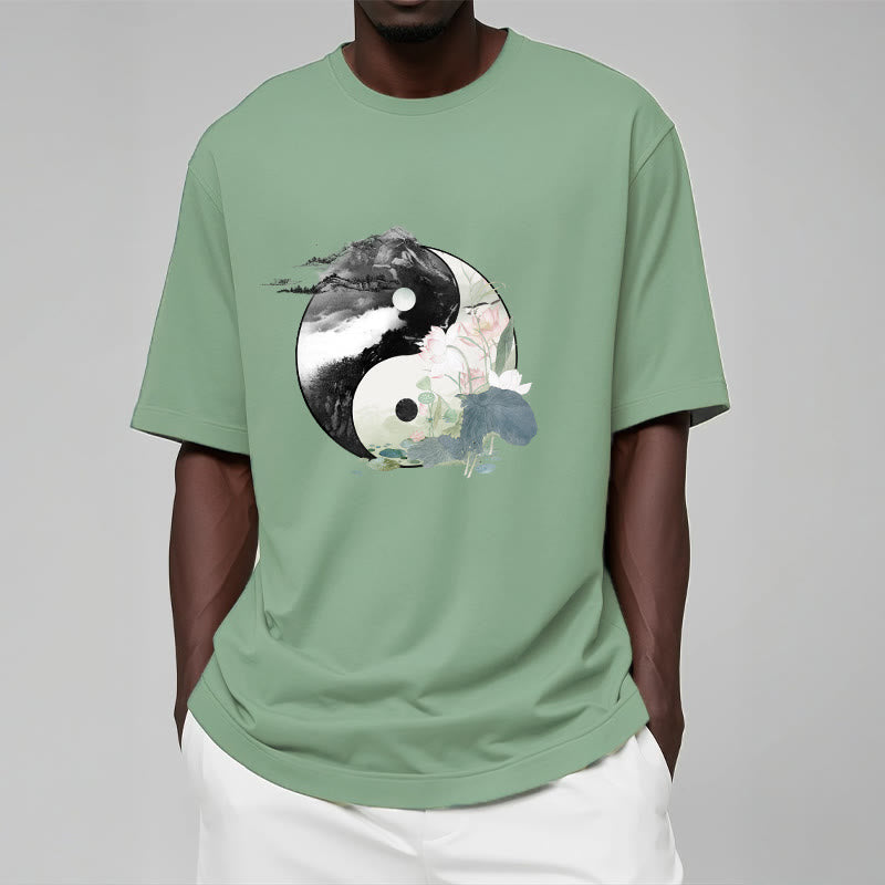 Buddha Stones Yin Yang Liść Lotosu Malowanie Tuszem Bawełniana Koszulka T-shirt - image 16