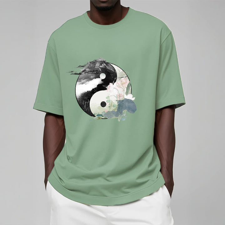 Buddha Stones Yin Yang Liść Lotosu Malowanie Tuszem Bawełniana Koszulka T-shirt - image 16