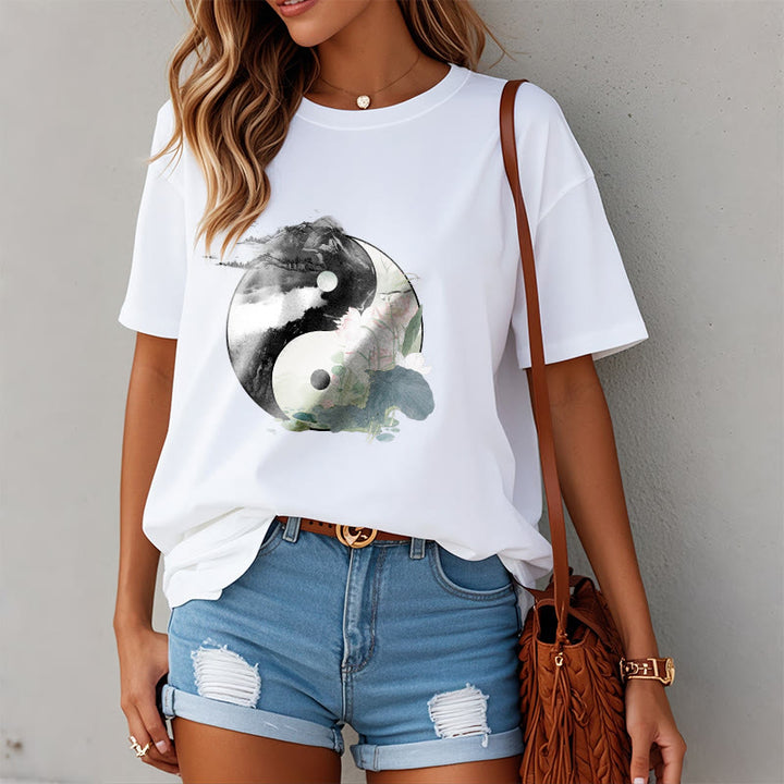 Buddha Stones Yin Yang Liść Lotosu Malowanie Tuszem Bawełniana Koszulka T-shirt - image 9