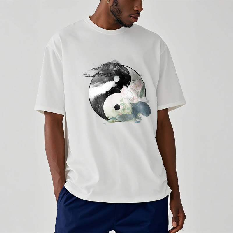 Buddha Stones Yin Yang Liść Lotosu Malowanie Tuszem Bawełniana Koszulka T-shirt - image 10