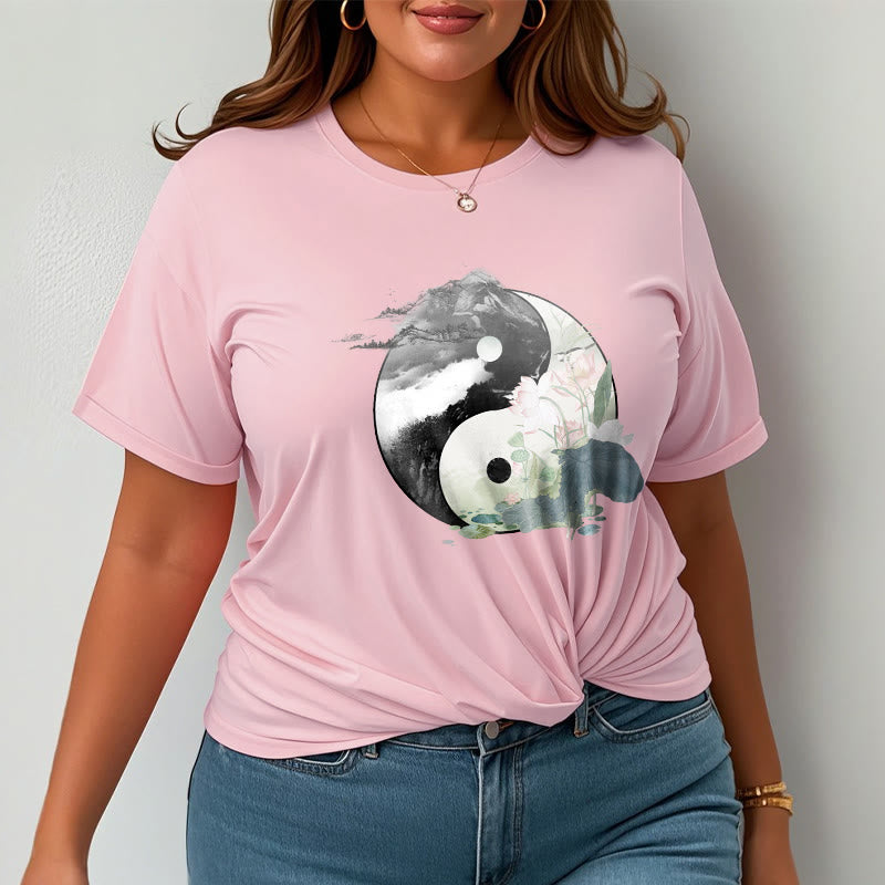 Buddha Stones Yin Yang Liść Lotosu Malowanie Tuszem Bawełniana Koszulka T-shirt - image 18