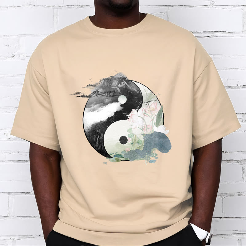 Buddha Stones Yin Yang Liść Lotosu Malowanie Tuszem Bawełniana Koszulka T-shirt - image 14