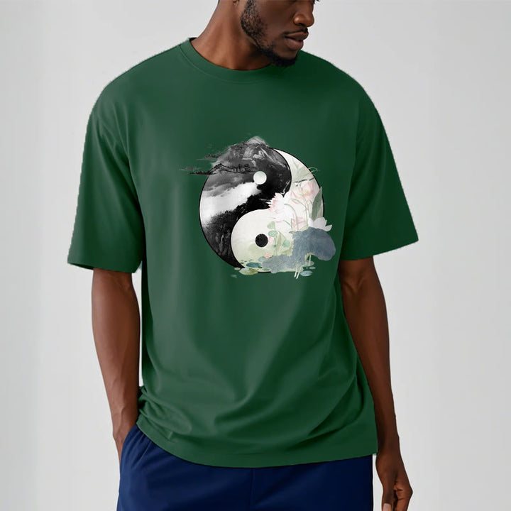 Buddha Stones Yin Yang Liść Lotosu Malowanie Tuszem Bawełniana Koszulka T-shirt - image 7