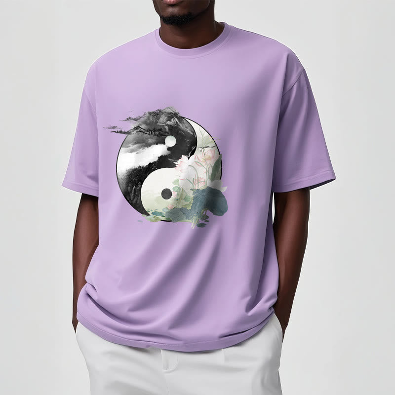 Buddha Stones Yin Yang Liść Lotosu Malowanie Tuszem Bawełniana Koszulka T-shirt - image 20
