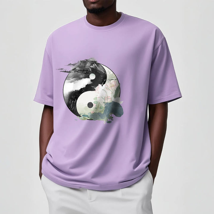Buddha Stones Yin Yang Liść Lotosu Malowanie Tuszem Bawełniana Koszulka T-shirt - image 20