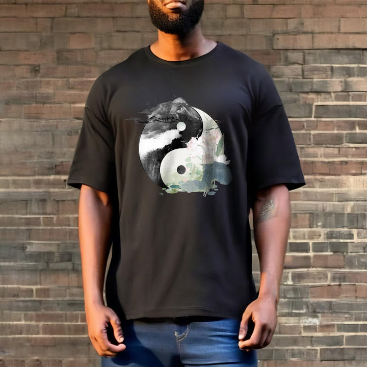 Buddha Stones Yin Yang Liść Lotosu Malowanie Tuszem Bawełniana Koszulka T-shirt - image 4