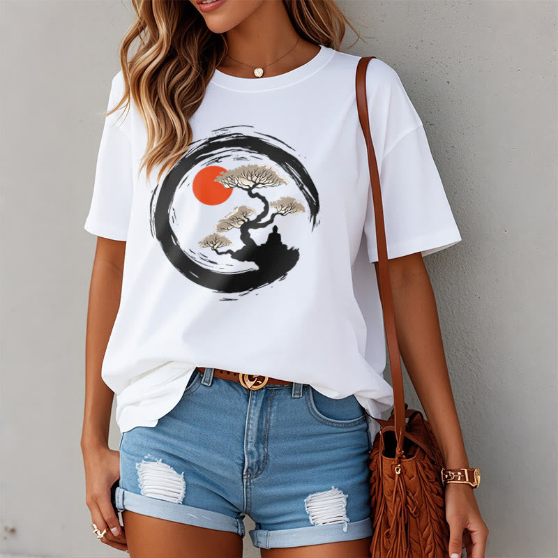 Buddha Stones Czerwone Słońce Sosna Zen Krąg Medytacja Budda Koszulka T-shirt - image 7