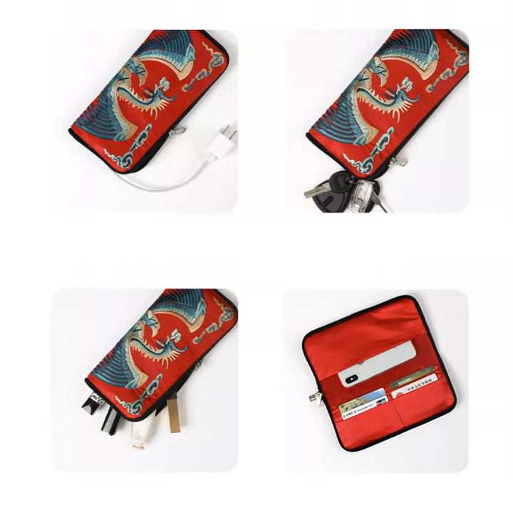 Buddha Stones Mityczna Bestia Feniks Smok Qilin Su Haft Bilet Folder Przechowywanie Podróż Zakupy Torebka Torebka