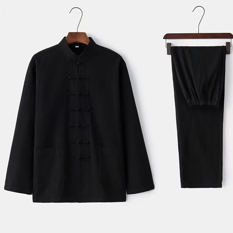 Buddha Stones 2-częściowy strój Tang Tradycyjny Żabkowy-Guzik Jednolity Długi Rękaw Koszula Spodnie Męski Zestaw - Czarny - US/UK/AU46, EU56 (5XL) - image 5