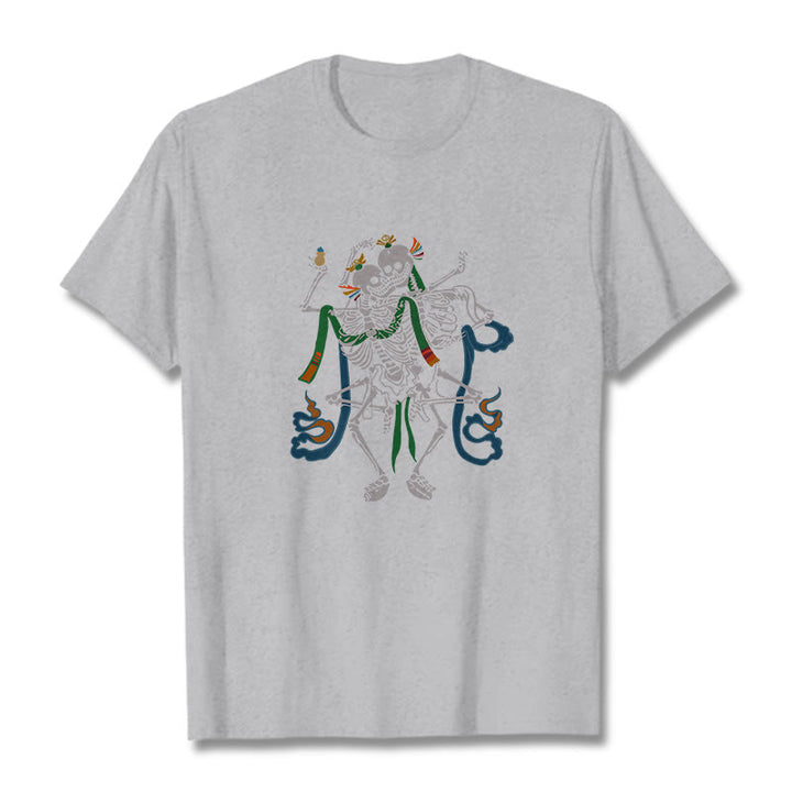 Buddha Stones Tybetański Pan Lasu Zwłok Wzór T-shirt - Jasnoszary - 2XL - image 22