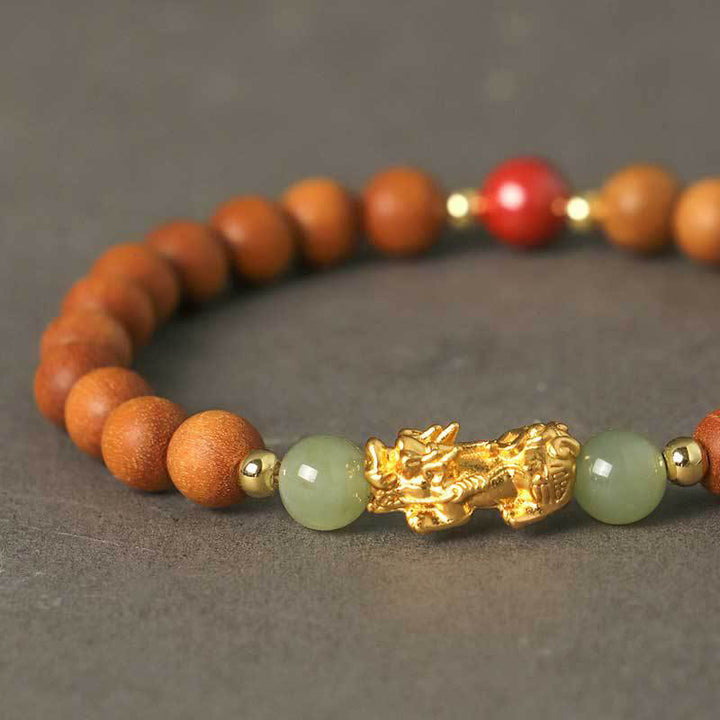 Buddha Stones 999 Srebro Sterlingowe Drewno Sandałowe Drewno Hebanowe Mały Liść Czerwony Sandałowiec Hetian Jade Cynober Bransoletka PiXiu Wealth