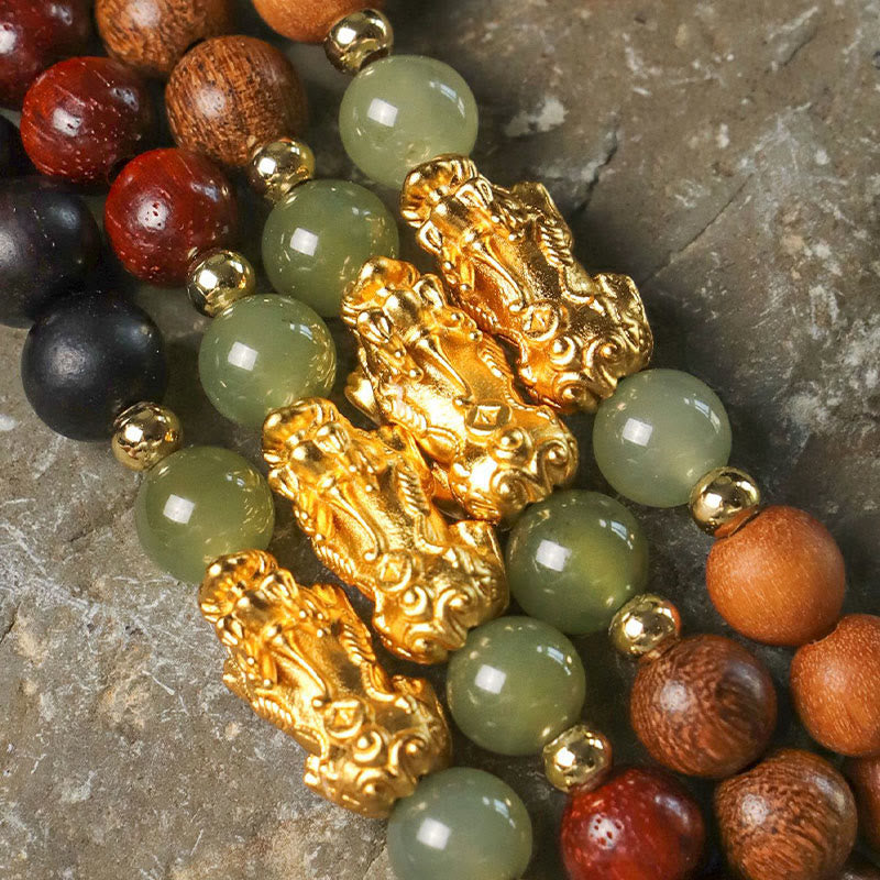 Buddha Stones 999 Srebro Sterlingowe Drewno Sandałowe Drewno Hebanowe Mały Liść Czerwony Sandałowiec Hetian Jade Cynober Bransoletka PiXiu Wealth