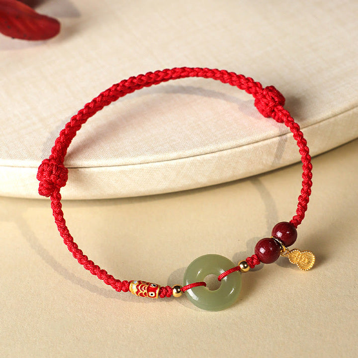 Buddha Stones Czerwony Sznurek Czarny Sznurek Hetian Jade Peace Buckle Cinnabar 925 Srebrna Bransoletka Ochronna