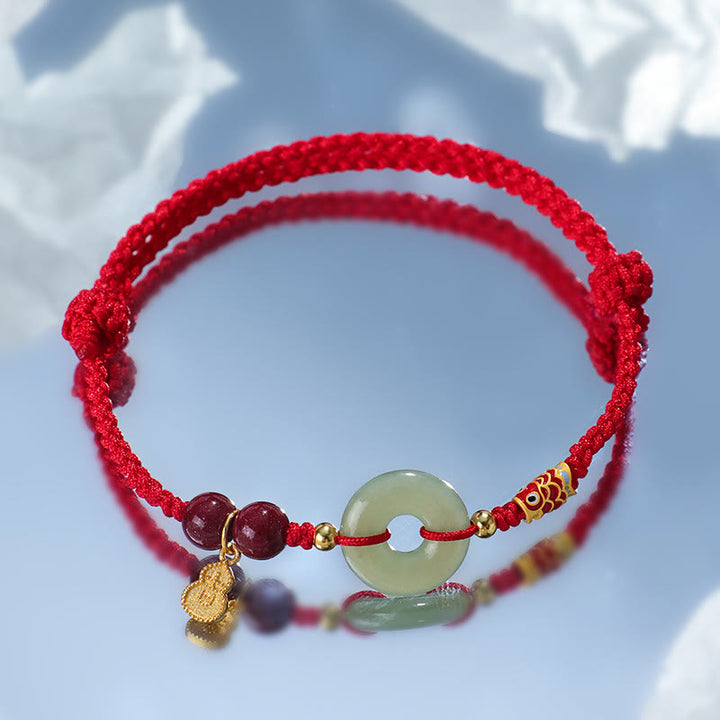 Buddha Stones Czerwony Sznurek Czarny Sznurek Hetian Jade Peace Buckle Cinnabar 925 Srebrna Bransoletka Ochronna