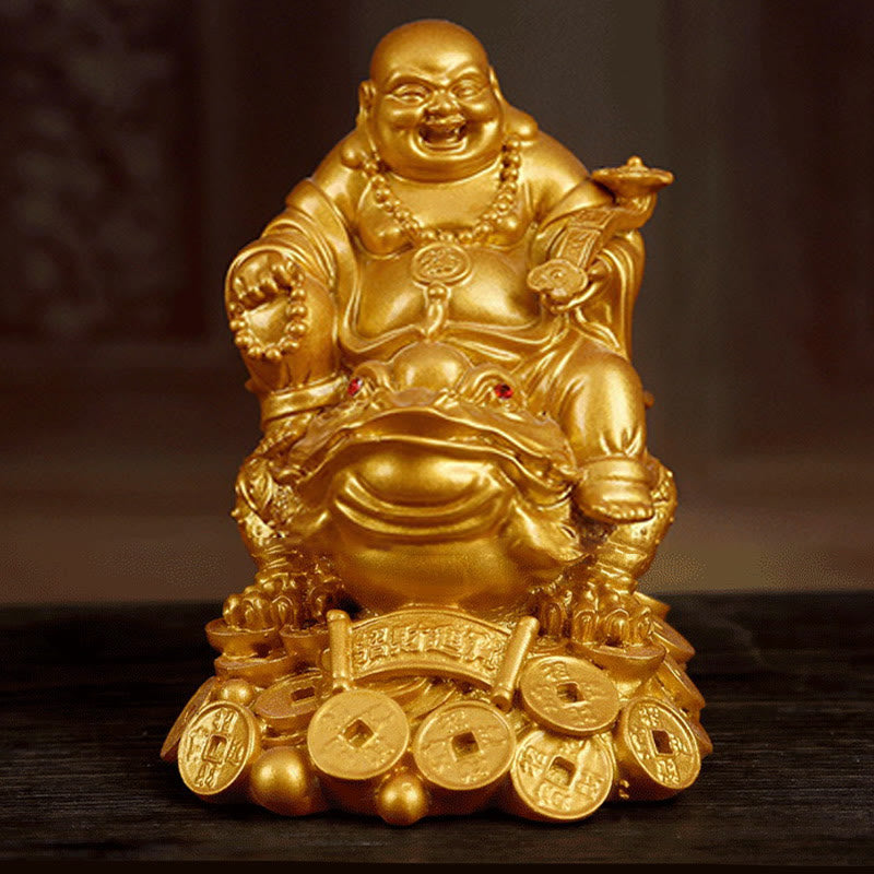 Buddha Stones Śmiejący się Budda Feng Shui Żaba Ropucha Miedziane Monety Przyciągają Bogactwo Żywica Statua Dekoracja Domu