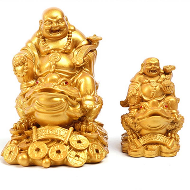 Buddha Stones Śmiejący się Budda Feng Shui Żaba Ropucha Miedziane Monety Przyciągają Bogactwo Żywica Statua Dekoracja Domu