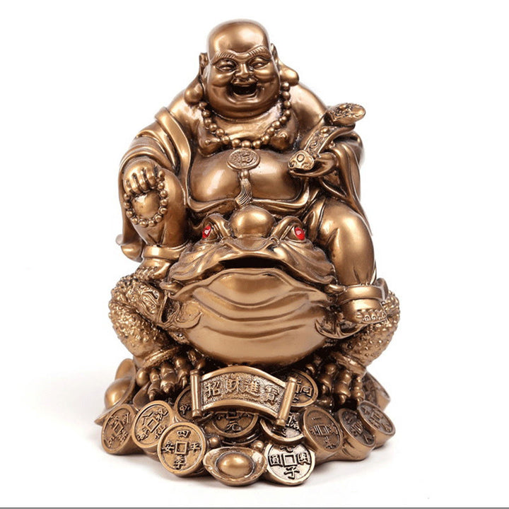 Buddha Stones Śmiejący się Budda Feng Shui Żaba Ropucha Miedziane Monety Przyciągają Bogactwo Żywica Statua Dekoracja Domu