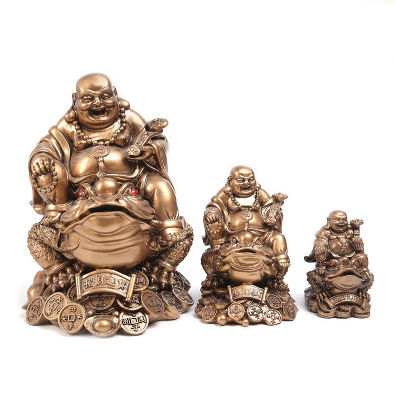 Buddha Stones Śmiejący się Budda Feng Shui Żaba Ropucha Miedziane Monety Przyciągają Bogactwo Żywica Statua Dekoracja Domu