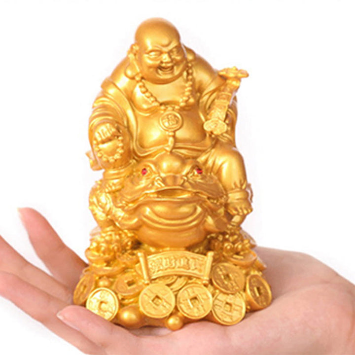 Buddha Stones Śmiejący się Budda Feng Shui Żaba Ropucha Miedziane Monety Przyciągają Bogactwo Żywica Statua Dekoracja Domu