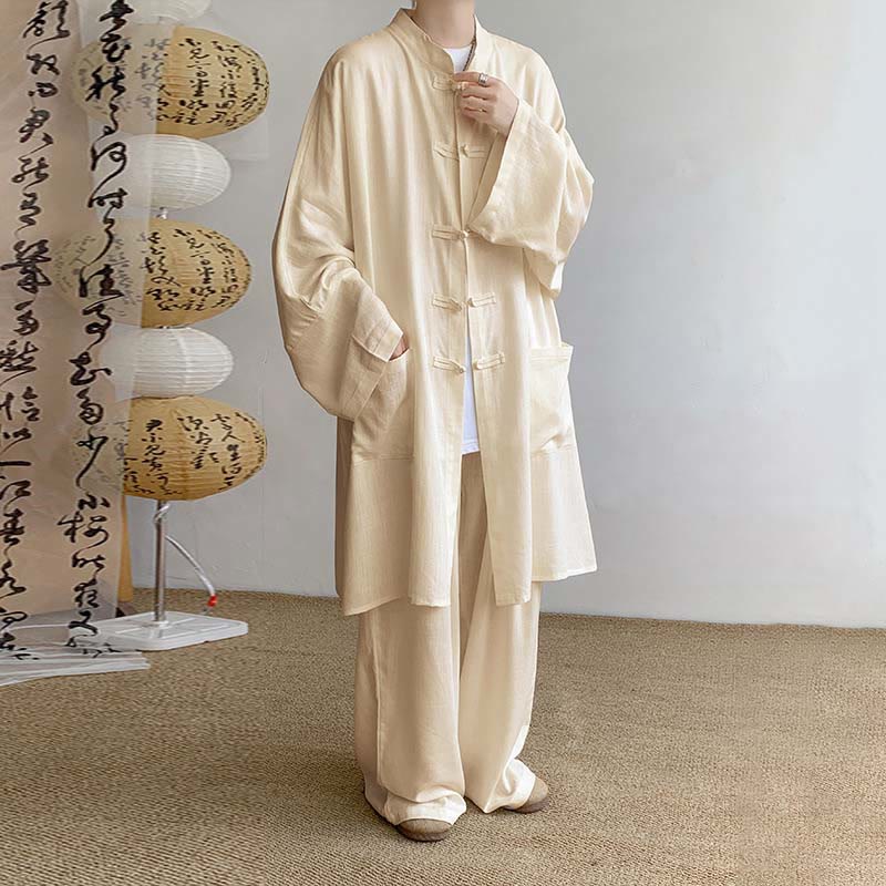 Buddha Stones 2 szt. męska koszula z długim rękawem i guzikami żaba spodnie medytacyjne zen bawełniany zestaw ubrań - Pszenica - US/UK/AU46, EU56 (5XL) - image 1