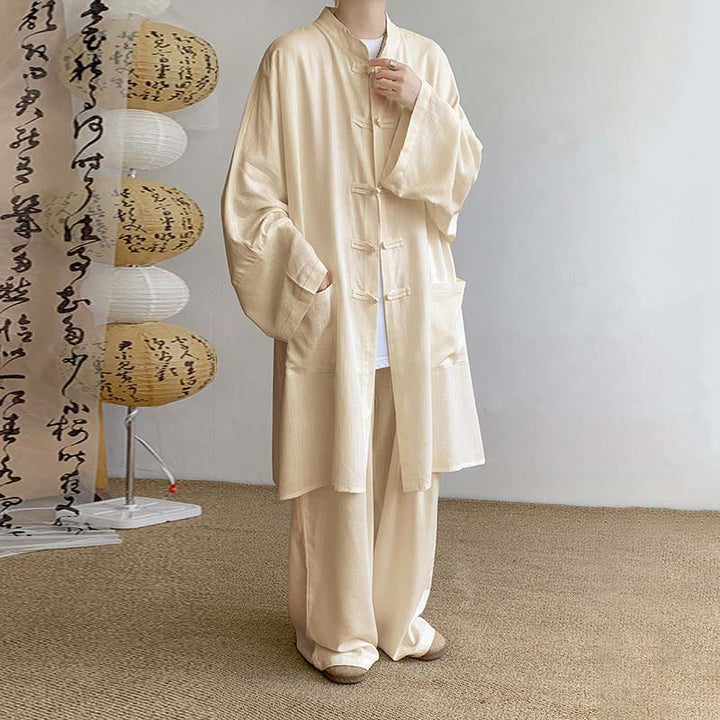 Buddha Stones 2 szt. męska koszula z długim rękawem i guzikami żaba spodnie medytacyjne zen bawełniany zestaw ubrań - Pszenica - US/UK/AU46, EU56 (5XL) - image 1