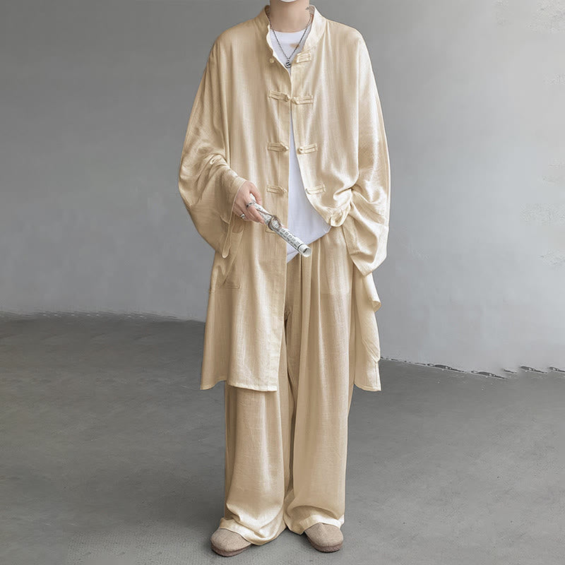 Buddha Stones 2 szt. męska koszula z długim rękawem i guzikami żaba spodnie medytacyjne zen bawełniany zestaw ubrań - image 2