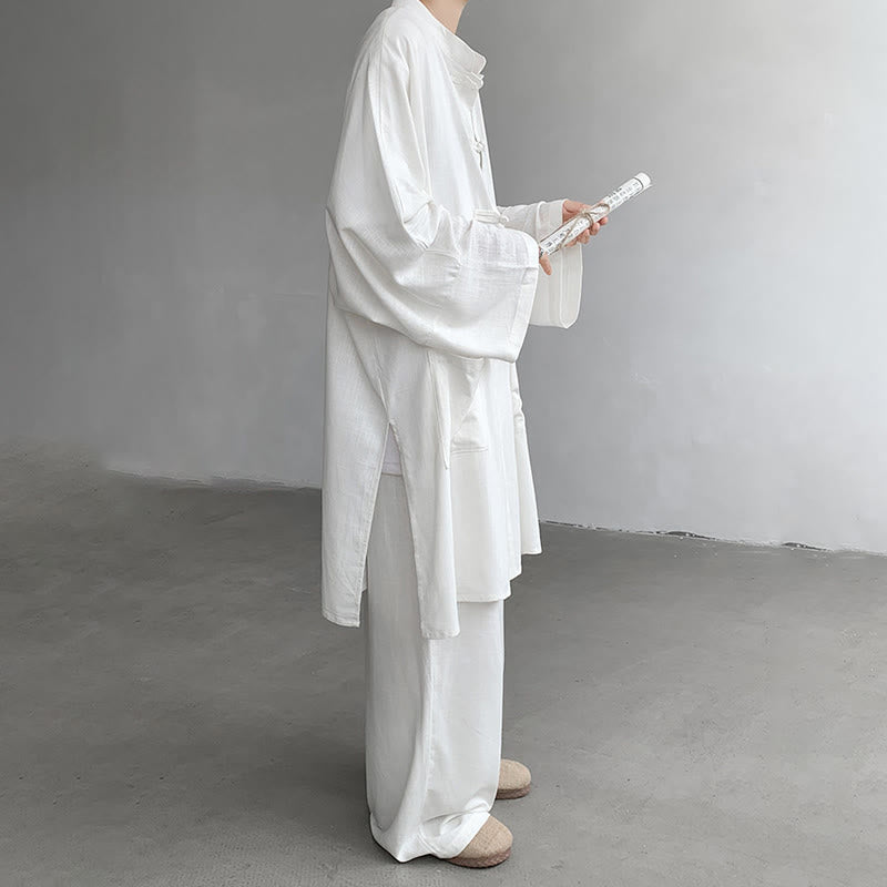 Buddha Stones 2 szt. męska koszula z długim rękawem i guzikami żaba spodnie medytacyjne zen bawełniany zestaw ubrań - image 6