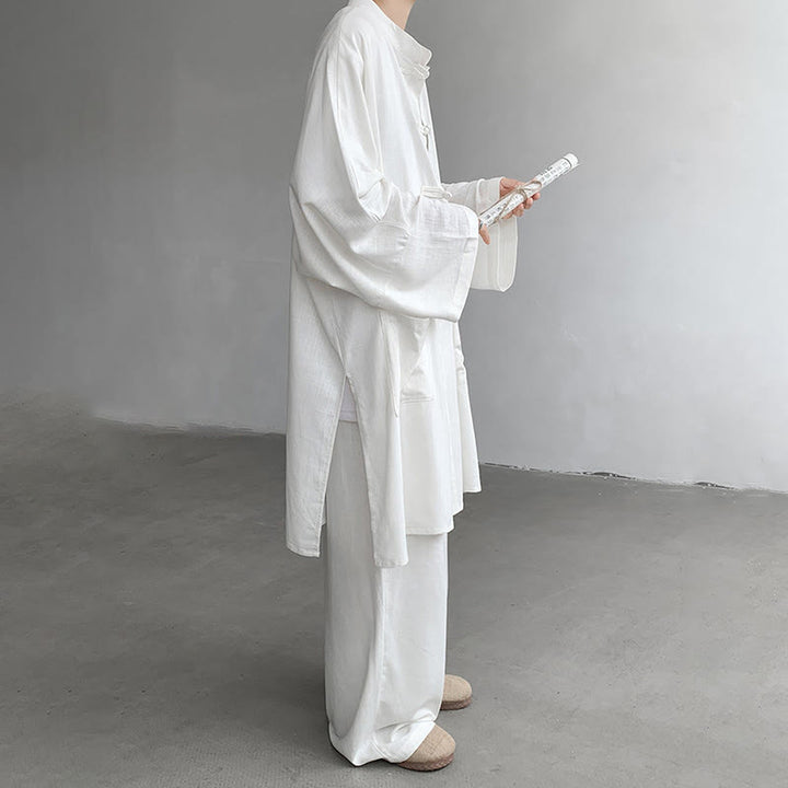 Buddha Stones 2 szt. męska koszula z długim rękawem i guzikami żaba spodnie medytacyjne zen bawełniany zestaw ubrań - image 6