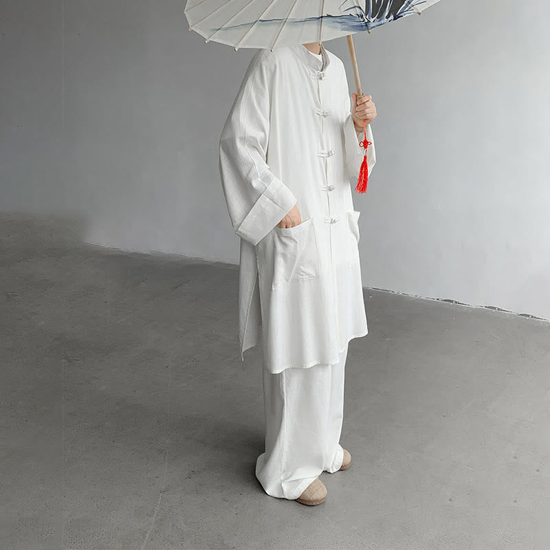 Buddha Stones 2 szt. męska koszula z długim rękawem i guzikami żaba spodnie medytacyjne zen bawełniany zestaw ubrań - image 8