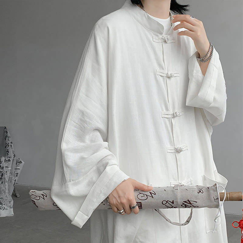 Buddha Stones 2 szt. męska koszula z długim rękawem i guzikami żaba spodnie medytacyjne zen bawełniany zestaw ubrań - image 10