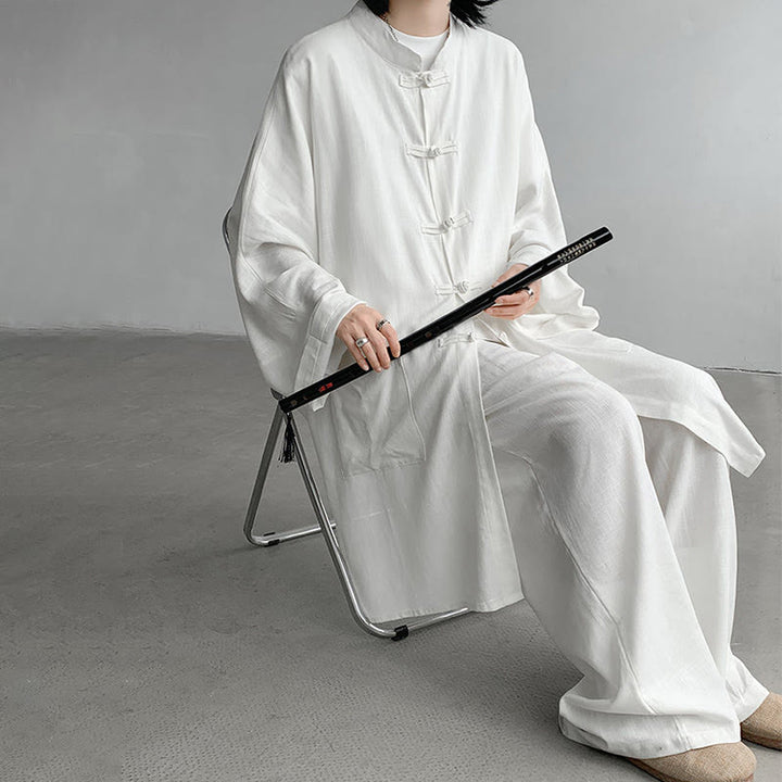 Buddha Stones 2 szt. męska koszula z długim rękawem i guzikami żaba spodnie medytacyjne zen bawełniany zestaw ubrań - image 9